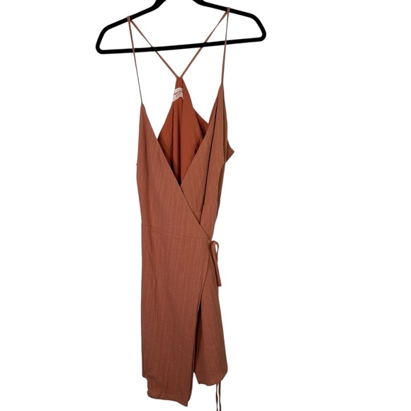 Showpo Terracotta Spaghetti Strap Wrap Dress V Neck Sleeveless Mini Tie Waist - Picture 2 of 7